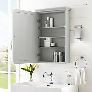 Sure to be a bathroom essential, the lydia mirrored wall cabinet is a stylish solution to the classic medicine cabinet. The large glass mirror is complemented by a border of genuine wood, capped by beautiful flared molding. Inside you will find three adjustable shelves and plenty of storage space for toiletries. The lydia mirrored wall cabinet mounts flush against the wall, maximizing space without sacrificing storage.Genuine metal hardware in a brushed nickel finish | Three adjustable and removable shelves | Mounts flush against the wall | Classic mirrored door