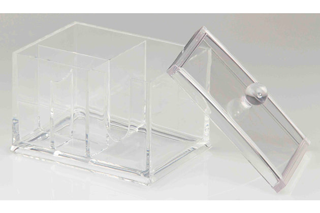A must-have bathroom essential you will never regret having. Clear the drawer clutter and grace your bathroom vanity with this timeless Clear Acrylic Cosmetic Organizer. With 2 spacious compartments and a compact design, neatly store all your small bath essentials in one place for easy access. The acrylic design is a safer alternative to glass.  The two dived slots and its transparent design coordinate with any decor and work perfectly at cradling small office supplies, tools, and more.Made of clear acrylic plastic | 8 compartments to hold items | Transparent design coordinates with any décor and lets you easily view what you need | Ideal for storing small cosmetic products, cotton swabs, q-tips and more
