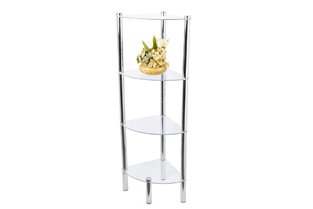 Crafted out of sleek, tempered glass and robust, chrome-plated steel, this modern shelving unit offers three shelves to showcase your essentials. Use it in the bathroom to organize toiletries!Sleek, minimalist corner shelf brings out the most of your space by utilizing the empty corners in the room and transforming them into elegant and functional display areas for your plants, framed photos and more | 4 open shelves to easily spot what you need | Easy to assemble with no tools required to install | Made of sleek, tempered glass and polished chrome plated steel tubing