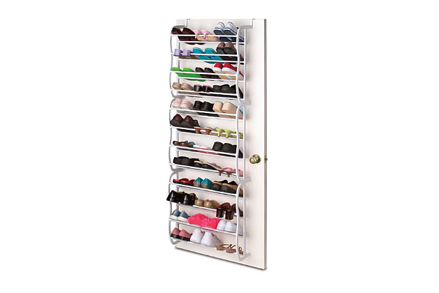 If you don’t have enough room for a freestanding or cabinet style shoe organizer, considering using this over the door shoe rack to helps organize your growing shoe collection. It conveniently holds up to 36 pairs of shoes of varying styles and sizes. The frame consists of slip-resistant steel bars that keeps your shoes steadily in place. You can easily stack everything from delicate heels to hefty sneakers without having to worry about them falling to the ground. The shelves are open and slightly slanted so you can easily pick out the one you want before you head out the door.36 pair shoe organizer prevents entryway clutter and conserves space by mounting over the door or wall | Non-slip steel bars keep shoes within view and from falling on the floor | Easy to assemble with no tools required to install | Made of sturdy steel