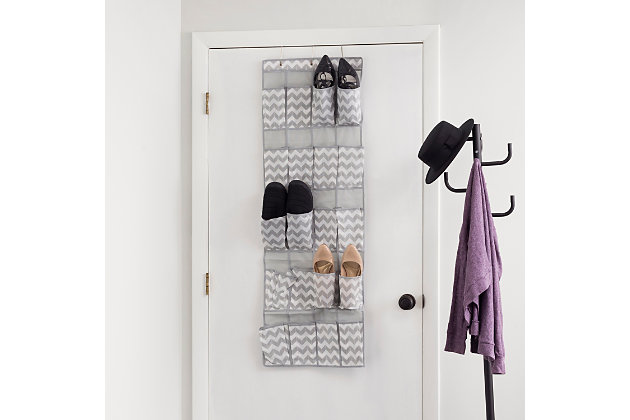 Store and organize all of your shoes and heels in one convenient place with this Home Basics Over-the-Door Shoe Organizer. Made of non-woven material, it holds up to 20 pairs of shoes and features a beautiful chevron design.Made of non-woven material | Holds 20 pairs of shoes | Verstaile design makes it perfect to organize accessories, craft supplies, small hardware and electronics | 3 hooks included for hanging the organizer