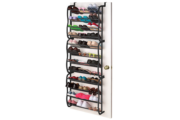 If you don’t have enough room for a freestanding or cabinet style shoe organizer, considering using this over the door shoe rack to help organize your growing shoe collection. It conveniently holds up to 36 pairs of shoes of varying styles and sizes.  The frame consists of slip-resistant steel bars that keep your shoes steadily in place.   You can easily stack everything from delicate heels to hefty sneakers without having to worry about them falling to the ground.  The shelves are open and  slightly slanted so you can easily pick out the one you want before you head out the door.36 pair shoe organizer prevents entryway clutter and conserves space by mounting over the door or wall | Non-slip steel bars keep shoes within view and from falling on the floor | Easy to assemble with no tools required to install | Made of sturdy steel