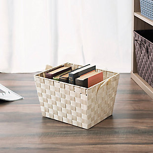 Contemporary Polyester Large Woven Strap Open Bin, Ivory, rollover
