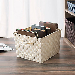 Bring order to the chaos by placing all your belongings in this open woven storage bin. The bin features handles to make is easy to pull of your top shelf or carry around when needed. Crafted from thick non-woven piping securely attached to a wire frame, it maintains its shape and structure.Ideal for storing arts and crafts, household essentials, office supplies, and toys | Stackable for easy compact storage | Handles for easy carrying | Made of woven fabric over a steel frame for stability