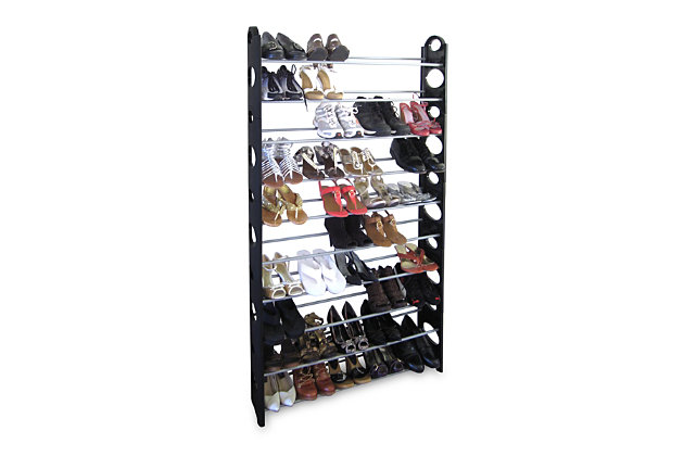 Designed with strong metal rods and sturdy plastic attachments, this tiered shoe rack can accommodate up to 50 pairs of shoes. Varying hole sizes on each side allow you to adjust the distance between shelves to accommodate different types and sizes of shoes. The open style shelving allows you to see your collection at a quick glance, while also keeping your shoes well-ventilated. Step-by-step instructions are included for quick set up right out of the box. Spot clean.Made of metal | Prevents entryway clutter | Holds 50 pairs of shoes | Open shelves allow for air flow to minimize the odors emitted for used shoes | Ships directly from third party vendor. See Warranty Information page for terms & conditions.
