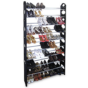 Designed with strong metal rods and sturdy plastic attachments, this tiered shoe rack can accommodate up to 50 pairs of shoes. Varying hole sizes on each side allow you to adjust the distance between shelves to accommodate different types and sizes of shoes. The open style shelving allows you to see your collection at a quick glance, while also keeping your shoes well-ventilated. Step-by-step instructions are included for quick set up right out of the box. Spot clean.Made of metal | Prevents entryway clutter | Holds 50 pairs of shoes | Open shelves allow for air flow to minimize the odors emitted for used shoes | Ships directly from third party vendor. See Warranty Information page for terms & conditions.