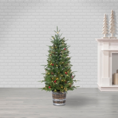 Sterling 4-foot Natural Cut Hudson Pine With Pine Cones And Red Berries And 100 Warm White Lights, , rollover
