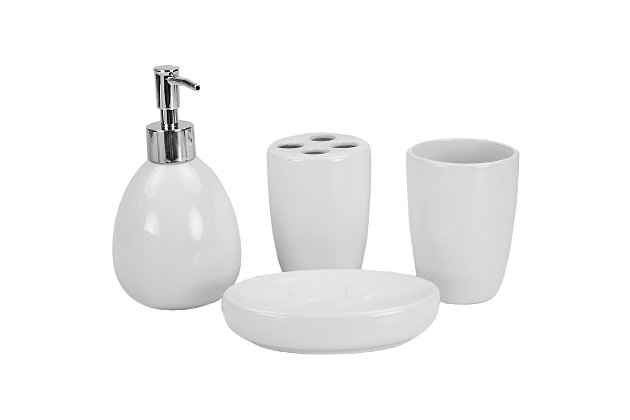 Grace your bathroom vanities with a modern flair by displaying this four piece contemporary bath accessory set.  This set includes all the essentials to get you through your routine, from the rounded lotion dispenser with durable stainless steel pump for easy dispensing, generous size tumbler for rinsing or drinking, a large soap dish to store your favorite bar of soap, and 4 slot toothbrush holder to keep your toothbrushes organized. The beautiful matte finish and a simple design coordinates perfectly with virtually any bathroom style. Whether you need to dispense your favorite silky smooth and delightfully fragrant lavender scented lotion or need to stylishly store away your toothbrush after cleaning that million dollar smile, this set provides the perfect blend of functionality and timeless style to your bathroom.Fully functional 4 piece bath ensemble: 4 piece bathroom accessory set adds style and function to the counter or vanity with its durable ceramic material and beautiful sleek finish. | Perfect for any décor: solid hue adds a cohesive look to any bathroom décor. | Great for any occasion or any setting: artfully arrange each piece on a serving tray (sold separately) for an effortlessly elegant bath set up that is both functional and stylish. The four piece bath is perfect as a housewarming present, wedding gift, or anyone looking to equip their bath with a set of accessories that are practicable | Designed to love and last: made of durable ceramic, each piece is offers smooth-to-the-touch surface that feels sumptuous in your grasp. Sturdy stainless steel pump on the lotion dispenser is designed to be rust-proof