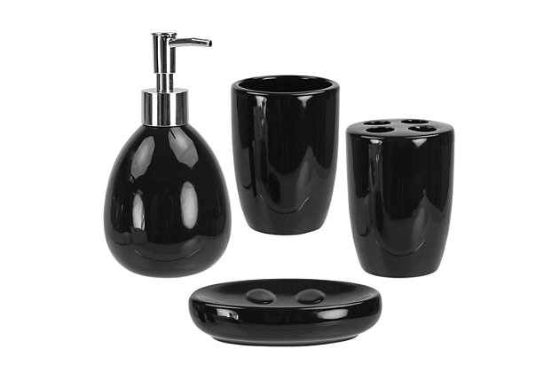 Grace your bathroom vanities with a modern flair by displaying this four piece contemporary bath accessory set. This set includes all the essentials to get you through your routine. From the rounded lotion dispenser with durable stainless steel pump for easy dispensing, generous size tumbler for rinsing or drinking, a large soap dish to store your favorite bar of soap, and 4 slot toothbrush holder to keep your toothbrushes organized. The beautiful matte finish and a simple design coordinates perfectly with virtually any bathroom style. Whether you need to dispense your favorite silky smooth and delightfully fragrant lavender scented lotion or need to stylishly store away your toothbrush after cleaning that million dollar smile, this set provides the perfect blend of functionality and timeless style to your bathroom.Fully functional 4 piece bath ensemble: 4 piece bathroom accessory set adds style and function to the counter or vanity with its durable ceramic material and beautiful sleek finish. | Perfect for any décor: solid hue adds a cohesive look to any bathroom décor. | Great for any occasion or any setting: artfully arrange each piece on a serving tray (sold separately) for an effortlessly elegant bath set up that is both functional and stylish. The four piece bath is perfect as a housewarming present, wedding gift, or anyone looking to equip their bath with a set of accessories that are practicable | Designed to love and last: made of durable ceramic, each piece is offers smooth-to-the-touch surface that feels sumptuous in your grasp. Sturdy stainless steel pump on the lotion dispenser is designed to be rust-proof