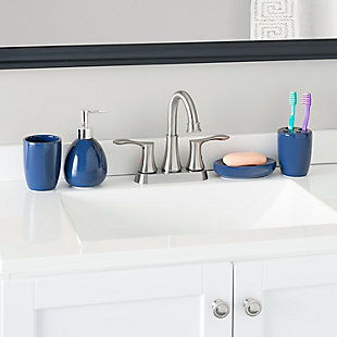 Grace your bathroom vanities with a modern flair by displaying this four piece contemporary bath accessory set.  This set includes all the essentials to get you through your routine, from the rounded lotion dispenser with durable stainless steel pump for easy dispensing, generous size tumbler for rinsing or drinking, a large soap dish to store your favorite bar of soap, and 4 slot toothbrush holder to keep your toothbrushes organized. The beautiful matte finish and a simple design coordinates perfectly with virtually any bathroom style. Whether you need to dispense your favorite silky smooth and fragrant lotion or need to stylishly store away your toothbrush after cleaning that million dollar smile, this set provides the perfect blend of functionality and timeless style to your bathroom.Made of ceramic | Set includes lotion dispenser, tumbler, toothbrush holder, soap dish | Perfectly displays on a bathroom vanity | Soft color palette to bring understated elegance to any styled bathroom or powder room