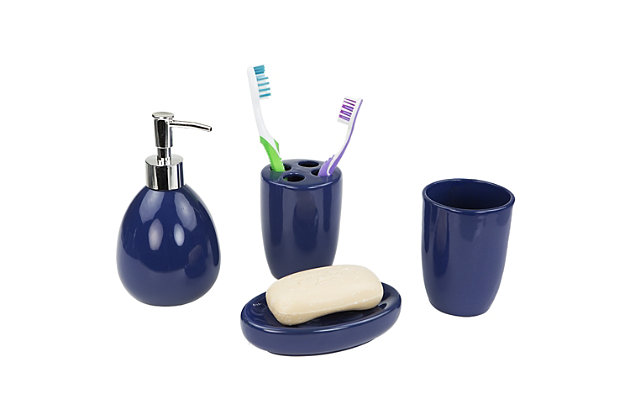 Grace your bathroom vanities with a modern flair by displaying this four piece contemporary bath accessory set.  This set includes all the essentials to get you through your routine, from the rounded lotion dispenser with durable stainless steel pump for easy dispensing, generous size tumbler for rinsing or drinking, a large soap dish to store your favorite bar of soap, and 4 slot toothbrush holder to keep your toothbrushes organized. The beautiful matte finish and a simple design coordinates perfectly with virtually any bathroom style. Whether you need to dispense your favorite silky smooth and fragrant lotion or need to stylishly store away your toothbrush after cleaning that million dollar smile, this set provides the perfect blend of functionality and timeless style to your bathroom.Made of ceramic | Set includes lotion dispenser, tumbler, toothbrush holder, soap dish | Perfectly displays on a bathroom vanity | Soft color palette to bring understated elegance to any styled bathroom or powder room