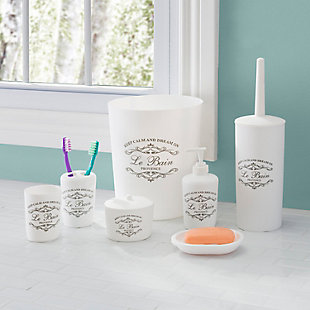 Welcome in this elegant 7 Piece Paris Bath ensemble to your humble abode and your well on your way to a creating your own relaxing French retreat. Each piece is crafted out of sturdy plastic and beautifully decorated with French provincial inspired script atop a crisp white hue, matching effortlessly with a granite or vanity tops. Use the tumbler for rinsing and drinking. Or place it on your desk at work to provide a chic way to corral your pens, pencils and other small office supplies. Store your toothbrushes in the holder to prevent clutter on your vanity. Place the soap dish in the shower to keep your bar soap handy. Or use in the bedroom to display all your jewelry and accessories. Set the lotion dispenser sink side in the kitchen or bath to add that certain "je ne sais quoi". Tuck away the French inspired waste bin in the corner to neatly contain the clutter.Complete bathroom set- bathroom ensemble includes 7 pieces crafted out of thick, plastic for durability with a paris design for an elegant touch | Easy to clean- smooth plastic finish is easy to clean simply by hand washing or by wiping down with a damp cloth | Classy and chic- decorated with french provincial script that updates the bathroom or powder with a flair of sophistication | Made of sturdy plastic