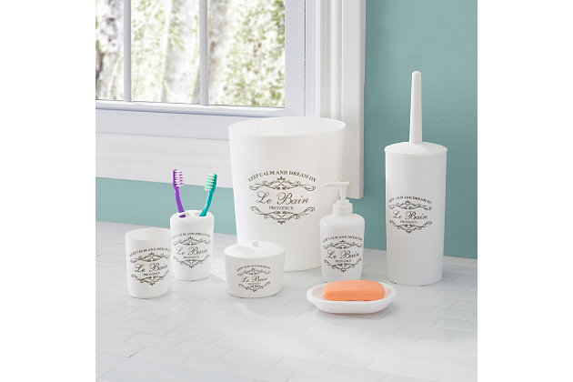 Welcome in this elegant 7 Piece Paris Bath ensemble to your humble abode and your well on your way to a creating your own relaxing French retreat. Each piece is crafted out of sturdy plastic and beautifully decorated with French provincial inspired script atop a crisp white hue, matching effortlessly with a granite or vanity tops. Use the tumbler for rinsing and drinking. Or place it on your desk at work to provide a chic way to corral your pens, pencils and other small office supplies. Store your toothbrushes in the holder to prevent clutter on your vanity. Place the soap dish in the shower to keep your bar soap handy. Or use in the bedroom to display all your jewelry and accessories. Set the lotion dispenser sink side in the kitchen or bath to add that certain "je ne sais quoi". Tuck away the French inspired waste bin in the corner to neatly contain the clutter.Complete bathroom set- bathroom ensemble includes 7 pieces crafted out of thick, plastic for durability with a paris design for an elegant touch | Easy to clean- smooth plastic finish is easy to clean simply by hand washing or by wiping down with a damp cloth | Classy and chic- decorated with french provincial script that updates the bathroom or powder with a flair of sophistication | Made of sturdy plastic