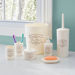 Welcome in this elegant 7 Piece Paris Bath ensemble to your humble and your well on your way to a creating your own relaxing French retreat. Each piece is crafted out of sturdy plastic and beautifully decorated with French provincial inspired script atop a cream beige hue, matching effortlessly with a granite or vanity tops. Use the tumbler for rinsing and drinking. Or place it on your desk at work to provide a chic way to corral your pens, pencils and other small office supplies. Store your toothbrushes in the holder to prevent clutter on your vanity. Place the soap dish in the shower to keep your bar soap handy. Or use in the bedroom to display all your jewelry and accessories. Set the lotion dispenser sink side in the kitchen or bath to add that certain je ne sais quoi. Tuck away the French inspired waste bin in the corner to neatly contain the clutter.Complete bathroom set- bathroom ensemble includes 7 pieces crafted out of thick, plastic for durability with a paris design for an elegant touch | Easy to clean- smooth plastic finish is easy to clean simply by hand washing or by wiping down with a damp cloth | Classy and chic- decorated with french provincial script that updates the bathroom or powder room with a flair of sophistication | Made of sturdy plastic