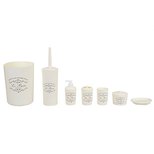 Welcome in this elegant 7 Piece Paris Bath ensemble to your humble and your well on your way to a creating your own relaxing French retreat. Each piece is crafted out of sturdy plastic and beautifully decorated with French provincial inspired script atop a cream beige hue, matching effortlessly with a granite or vanity tops. Use the tumbler for rinsing and drinking. Or place it on your desk at work to provide a chic way to corral your pens, pencils and other small office supplies. Store your toothbrushes in the holder to prevent clutter on your vanity. Place the soap dish in the shower to keep your bar soap handy. Or use in the bedroom to display all your jewelry and accessories. Set the lotion dispenser sink side in the kitchen or bath to add that certain je ne sais quoi. Tuck away the French inspired waste bin in the corner to neatly contain the clutter.Complete bathroom set- bathroom ensemble includes 7 pieces crafted out of thick, plastic for durability with a paris design for an elegant touch | Easy to clean- smooth plastic finish is easy to clean simply by hand washing or by wiping down with a damp cloth | Classy and chic- decorated with french provincial script that updates the bathroom or powder room with a flair of sophistication | Made of sturdy plastic