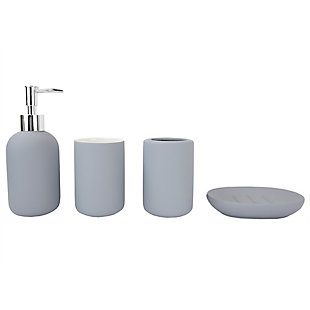 Whether for your master or guest bathroom, this 4 Piece Rubber Bathroom Accessory Set features a simple silhouette and neutral color scheme that will coordinate seamlessly with your modern style décor. This 4 piece bath ensemble is made of a ceramic with a durable rubber encasing that provides a comfortable grasp when in use. This set includes all the essentials to get you through your routine, from the traditional shape lotion dispenser with durable stainless steel pump for easy dispensing, generous size tumbler for rinsing or drinking, a large soap dish to store your favorite bar of soap, and double slot toothbrush holder to keep your toothbrushes organized. Each piece is covered in a rubberized encasing for a comfortable grasp. Whether you need to dispense your favorite silky smooth and fragrant lotion or need to stylishly store away your toothbrush after cleaning that million dollar smile, this set provides the perfect blend of functionality and timeless style to your bathroom.Fully functional 4 piece bath ensemble: 4 piece rubberized ceramic bathroom accessory set adds style and function to the counter or vanity with its rubber ceramic material. | Perfect for any décor: the solid color works great with all types of color, while the rubberized surface adds durability. | Great for any occasion or any setting: artfully arrange each piece on a serving tray (sold separately) for an effortlessly elegant bath set up that is both functional and stylish. The four piece bath is perfect as a housewarming present, wedding gift, or anyone looking to equip their bath with a set of accessories that are practicable | Designed to love and last: made of rubberized ceramic each piece is offers smooth-to-the-touch surface that feels sumptuous in your grasp, while providing a solid hold even when hands are damp. Sturdy stainless steel pump on the lotion dispenser is designed to be rust-proof.