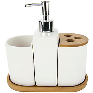 Set the scene for a serene bath oasis with this 4 piece bath accessory set. This 4 piece bath ensemble features a ceramic construction with natural bamboo accents that evoke a tranquil vibe. This set includes all the essentials to get you through your routine, from the traditional shape lotion dispenser with a durable stainless steel pump for easy dispensing, generous size tumbler for rinsing or drinking, a large soap dish to store your favorite bar of soap, and double slot toothbrush holder to keep your toothbrushes organized. Whether you need to dispense your favorite silky smooth and fragrant lotion or need to stylishly store away your toothbrush after cleaning that million dollar smile, this set provides the perfect blend of functionality and timeless style to your bathroom.Fully functional 4 piece bath ensemble: 4 piece dolomite bathroom accessory set adds style and function to the counter or vanity with its durable ceramic material and beautiful bamboo accents. | Perfect for any décor: the solid color works great with all types of color, while the bamboo accents add a natural touch. | Great for any occasion or any setting: artfully arrange each piece on a serving tray (sold separately) for an effortlessly elegant bath set up that is both functional and stylish. The four piece bath is perfect as a housewarming present, wedding gift, or anyone looking to equip their bath with a set of accessories that are practicable | Designed to love and last: made of durable ceramic each piece is offers smooth-to-the-touch surface that feels sumptuous in your grasp. Sturdy stainless steel pump on the lotion dispenser is designed to be rust-proof.