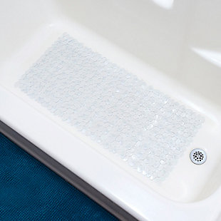 Stay safe while showering with this decorative and skid-proof bath tub and shower mat. Unlike solid bath rugs that don’t drain easily, this elegant bath rug features spaces between each pebble to let water and soap suds pass through to prevent mold and mildew build up. Place it over the floor and with a few simply presses, the suction cups activate sticking tightly to the floor all the way to the edges. While it stays firmly in place, it can be easily removed to clean as needed or placed in a different location such as in front of the bathroom sink. Hand wash it with mild soap and warm water. Hang dry after washing.Quick draining: gaps between each pebble allow water and soap for a bath mat this both functional and stylish. | Beautiful pebble design: the bath features a beautiful array of dots to welcome in a contemporary clean and versatile look to the bath or powder room. | Suction cup backing keeps the mat firmly in place: a bath mat you can rely on, it features a strong suction cup backing to prevent the mat from shifting or sliding. | Designed to love and last: made of sturdy plastic, it provides a smooth landing for your feet.