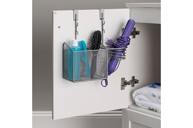 Looking for a way to make your morning hair routine just a bit more easier? Want to declutter the bathroom vanity or countertop. This sleek and elegant bathroom organizer to your bath. It fits neatly under the cabinet corralling everything from your curling iron, hair straightener, and other styling tools in its sturdy steel springs with an additional main basket for brushes, gels, hairsprays for easy discreet storage. Built-in cable management hooks, keep cords neatly tucked and prevent them from unnecessary tangles. Short on drawer and closet space? No problem Attaching smoothly on an interior cabinet door, it’s an absolute life saver when it comes to maximizing space. Its also made out of rust-proof steel for long-lasting use. No mounting hardware required. Simply slide it on and you’re all set.1 main basket and 1 spring to hold brushes and hairdryers | Built in hooks keep cords out of the way and tangle-free | No tools required to assemble | Made of rust-resistant, powder coated steel