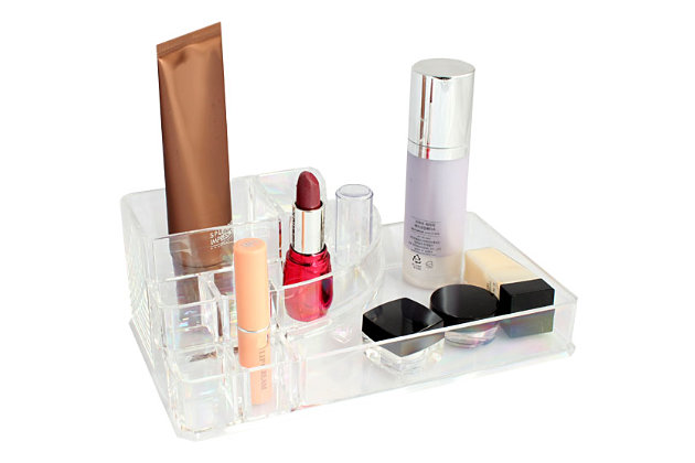 Store and organize your make-up and other essentials in this cosmetic box. Made from heavy duty clear plastic. 8 compartments to hold a lot of items. Perfect for make-up & jewelry. Compact design lets it fit in tight spaces on a bathroom counter.Made from heavy duty clear plastic | 8 compartments to hold a lot of items | Ideal for storing small cosmetic products, keepsakes, and accessories | Compact design lets it fit in tight spaces on a bathroom counter