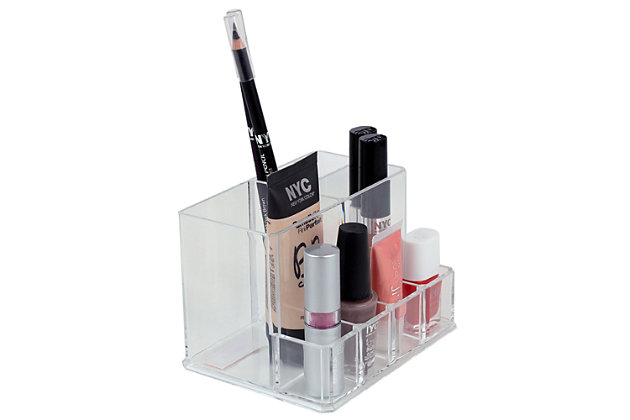 The perfect compact organizer to house your basic essentials without taking up too much room on your counter. It’s also conveniently sized to take with you while you travel, so you’ll always have your beauty tools to keep you looking flawless no matter where you are! Each compartment keeps your stash of cosmetics standing upright so can have easily grab them at your convenience. Use the four sections to keep your polishes in one place and the rest for keeping your liners, pencils, foundations right at your finger tips. The entire organizer can be washed by hand should you encounter the dreaded foundation spill, or can be spot clean on occasion.4 compartments for organizer polishes with additional storage for other essentials: the front portion features four compartments to keep your polishes at the ready for the next manicure and pedicure, with the remaining section for brushes, concealers, glosses, and lip sticks | Crystal clear color to quickly view contents without having to lift out each tier: easily spot what inside without having to slide out tier. | Compact in size to not take up too much space: perfect if you’re limited on space, easily tuck this compact organizer away in the corner of the vanity, dresser, countertop. The lightweight and compact size also make it great to bring on the go. | Designed to love and last: made of clear, shatter-resistant plastic this organizer is lightweight and won’t crack or break if accidentally dropped compared to glass and ceramic make up organizers.