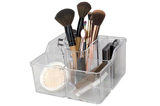 Streamline your beauty ritual with the help of this portable cosmetic caddy. The durable shatter-resistant plastic design makes this cosmetic caddy organizer a reliable companion, when you’re out and about. With 4 spacious compartments you have plenty of room to keep your styling tools and beauty necessities at the ready.  Use to store contouring kits, hair combs, brushes, palettes, and liners. Hand Wash. Dry thoroughly.4 divided compartments: 4 large capacity compartments keep items separated and organized; perfect for make up brushes, face creams, toners, lotions, and serums | Crystal clear color to quickly view contents: the organizer is completely clear in color to easily spot what is inside | Stylish and versatile: great for professional and home use, this plastic make up display organizer is great to line up your everyday beauty supplies, grooming tools, and accessories in a salon | Modern and sleek: made of shatter-resistant plastic, it’s durable with a smooth-glass like look that enhances your room’s décor