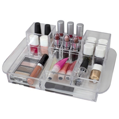 Home Accents Deluxe 16 Compartment Transparent Plastic Cosmetic Makeup and Jewelry Storage Organizer, , rollover
