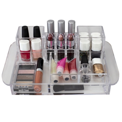 Home Accents Deluxe 16 Compartment Transparent Plastic Cosmetic Makeup and Jewelry Storage Organizer, , large