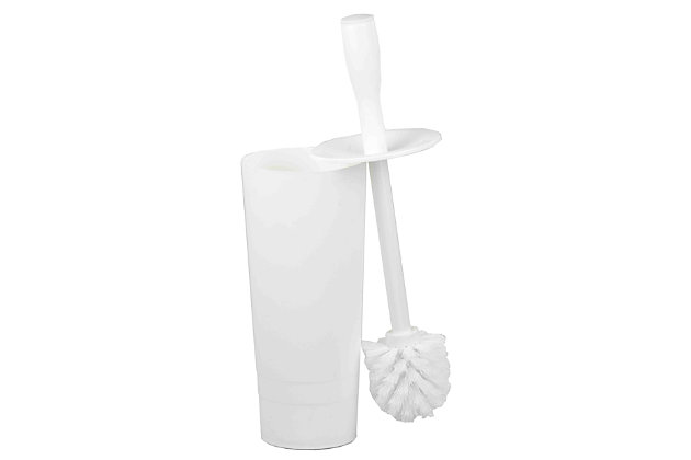 Timeless form with impeccable function, this classic toilet brush holder set makes an ordinary and bathroom cleaning tool into a decorative bath accessory. The tapered brush head is equipped with stiff bristles, that gently swipe dirt and grime in and around the toilet bowl. When placed in the container, the brush is completely hidden for elegant storage. The sleek profile of this toilet brush canister makes it perfect if you reside in tight quarters such as small apartments, condos or dorm rooms.Durable bristle toilet brush with included tall toilet brush canister fits neatly in small bathrooms, keeping a toilet brush out of sight yet within reach for cleaning | Toilet brush features tapered nylon head with stiff nylon bristles for thorough and gentle tidying in and around the toilet bowl | Includes a sleek holder to conceal the brush for discreet, stylish storage | Made of sturdy plastic