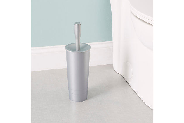 Timeless form with impeccable function, this classic toilet brush holder set makes an ordinary and bathroom cleaning tool into a decorative bath accessory. The tapered brush head is equipped with stiff bristles, that gently swipe dirt and grime in and around the toilet bowl. When placed in the container, the brush is completely hidden for elegant storage. The sleek profile of this toilet brush canister makes it perfect if you reside in tight quarters such as small apartments, condos or dorm rooms.Durable bristle toilet brush with included tall toilet brush canister fits neatly in small bathrooms, keeping a toilet brush out of sight yet within reach for cleaning | Toilet brush features tapered nylon head with stiff nylon bristles for thorough and gentle tidying in and around the toilet bowl | Includes a sleek holder to conceal the brush for discreet, stylish storage | Made of sturdy plastic