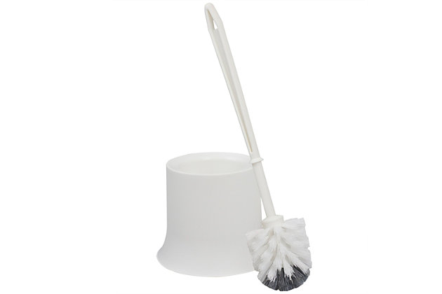 Space-saving functionality right at your fingertips to help keep your toilet sparkly clean. The compact design of this toilet brush with holder allows it to fit in effortlessly in tight corners or right alongside your toilet bowl for easy access. The tapered head is equipped with stiff bristles that are sturdy enough to scrub away dirt and grime yet gentle enough to not scratch the basin. The smooth finish makes it a breeze to clean, while the sturdy plastic construction prevents rust and corrosion build up.Durable bristle toilet brush with included short brush canister fits neatly in small bathrooms, keeping a toilet brush out of sight yet within reach for cleaning | Toilet brush features tapered nylon head with stiff nylon bristles for thorough and gentle tidying in and around the toilet bowl | Compact holder fits in neatly into the corner of the bathroom | Made of sturdy plastic