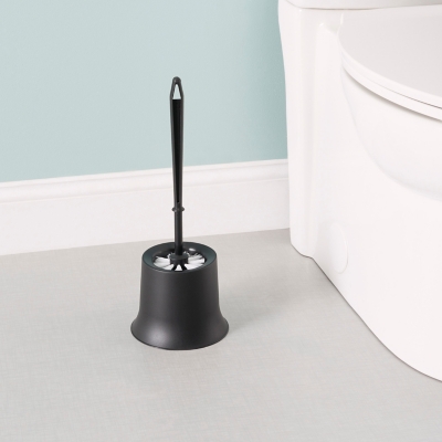 Home Accents Plastic Toilet Brush with Compact Holder, Black, large