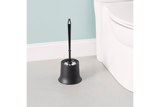 Space-saving functionality right at your fingertips to help keep your toilet sparkly clean. The compact design of this toilet brush with holder allows it to fit in effortlessly in tight corners or right alongside your toilet bowl for easy access. The tapered head is equipped with stiff bristles that are sturdy enough to scrub away dirt and grime yet gentle enough to not scratch the basin. The smooth finish makes it a breeze to clear, while the sturdy plastic construction prevents rust and corrosion build up.Durable bristle toilet brush with included short brush canister fits neatly in small bathrooms, keeping a toilet brush out of sight yet within reach for cleaning | Toilet brush features a tapered nylon head with stiff nylon bristles for thorough and gentle tidying in and around the toilet bowl | Compact holder fits in neatly into the corner of the bathroom | Made of sturdy plastic