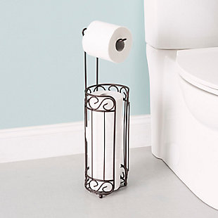 Not a fan of drilling holes in the wall to keep toilet tissue close by?  No cabinet space to keep extra? No problem! This classic scroll themed toilet paper stand has got you covered.  This free-standing toilet paper stand, dispenses one roll and provides a beautiful storage spot for three more.  The reserve basket is spacious, fitting even the widest toilet paper rolls on the market. It sleek enough to tuck away in the corner and slim enough to set near the toilet where you can easily have toilet paper within reach for guests and family alike. The open design is a handy feature as it allows you to see at a glance how many spare rolls you have left so you stock up on extra in case you run out. (Toilet paper not included.)Dispense one roll and hold 3 more for back-up: never be stranded without toilet tissue paper again! Perfect for all toilet papers rolls, the top dispenses one and the base keeps three more ready for you in the event you run out. | Sturdy structure: steel base helps to keep it from tipping. And 4 elevated feet help to keep toilet paper clean and off the floor. The weighted design, combined with its rounded feet. Keep it firmly planted on the bathroom floors, so you don’t have to worry about the toilet paper stand toppling over as you tear a sheet at a time. | Keeps toilet paper clean and dry: bathroom floors are a breeding ground for germs and bacteria. With the raised feet your stock of spare toilet paper tissue won’t touch the floor so each roll is dry and clean to use. | Designed to love and last: a lovely addition to vintage and traditional décor, this bath tissue reserve is made of sturdy, wired steel and features classic scroll detailing with a bronze finish for an antique touch. The freestanding design is convenient if you have no place to mount a toilet paper holder. Its already full assembled and stands on its own so you can freely move it to your desired location.
