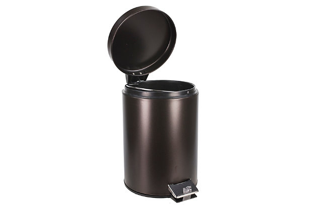 Infuse your bland bathroom with a warm opulent touch by displaying this richly finish 3 liter step operated waste bin. Dispose trash and keep your hands free of germs by stepping on the fully-integrated pedal operated lid. It includes a removeable 3 liter capacity trash bucket with a metal handle to make it easy to clean, clear out, and reinsert when needed. The simple silhouette and rich metallic finish combine glamor and minimalism perfectly to coordinate with any modern style bathroom. It features a closed design to conceal trash, offering a clean look to any room in the house.  Display it in the corner against those stark white walls to add a touch of glamour and luxe. From your small dorm room to that tiny apartment, this beaming beauty is sure to make your space shine with show-stopping style!Made of bronze coated steel | 3 liter capacity | Removeable trash bucket with handle for easy reloading and cleaning | Step-on operated lid to provide a sanitary way to discard garbage