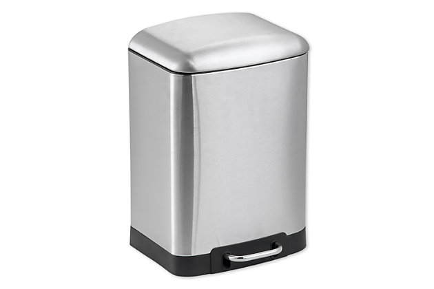 No more worrying about waking up the kids with the clanking, rattling and banging as you chuck away the last remains of that late-night pad Thai! This stainless steel waste bin features a soft close lid that minimizes noise. It features an alluring polished silver finish that complements perfectly with modern stainless steel appliances. A Step activated lid adds convenience, by keeping garbage and its unsightly odors solely within the confines of the interior plastic bucket. Easily remove the bucket by lifting the metal handle to clear the contents then slide it back inside when finished. The non-skid base also prevents the bin from slipping or tipping over, making it great to use within or outside your home. Holds 12 liters of garbage.Soft close technology - controlled lid closure minimizes noise | Step-on operated lid to provide a sanitary way to discard garbage | 12 liter capacity makes it ideal for high traffic areas around the home or office | Made of stainless steel with a smudge-proof surface that is easy to clean