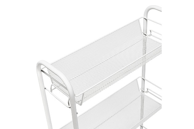 You're a mover and a shaker. So whether it's storing laundry, kitchen or bathroom accessories, this Slim Rolling Wire Cart With 3 Baskets rolls right along with you for when you need it and slides neatly into smaller spaces.Slim cart ideal for smaller spaces like laundry room or bathroom | Three removable mesh basket tiers for easy access | Easy no-tool assembly | Dimensions: 19"w x 31"h x 7"d