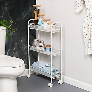 You're a mover and a shaker. So whether it's storing laundry, kitchen or bathroom accessories, this Slim Rolling Wire Cart With 3 Baskets rolls right along with you for when you need it and slides neatly into smaller spaces.Slim cart ideal for smaller spaces like laundry room or bathroom | Three removable mesh basket tiers for easy access | Easy no-tool assembly | Dimensions: 19"w x 31"h x 7"d