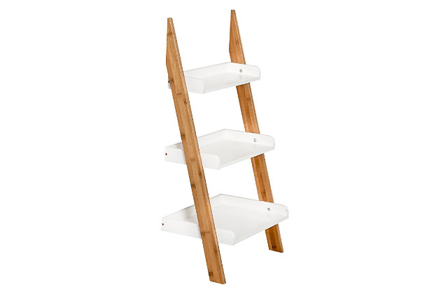 This 3-Tier Leaning Bathroom Ladder Shelf is the perfect storage option for your bathroom. From cotton balls to bath towels, it keeps your daily essentials within reach and looks good doing it. Its bamboo base and white shelves fit any bathroom décor.Ladder includes 3 shelves for organizing and storing all your bathroom essentials | Made of durable mdf and eco-friendly bamboo | Shelf weight capacity is 10-pounds per shelf | Dimensions: 18"w x 35"h x 12"d
