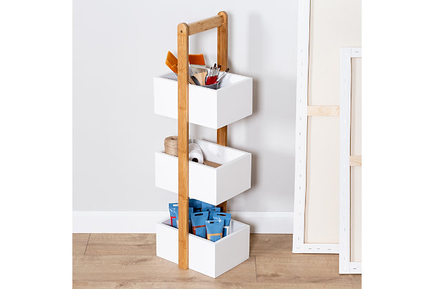 Each basket of this 3-Tier Bathroom Storage Caddy measures 10"L x 8"W x 5"H, acting as individual storage baskets for all your bathroom essentials. From cotton balls to makeup to extra soap or lotion, it keeps your daily accessories right at your fingertips and looks good doing it. Its bamboo base and white shelves fit into any bathroom, no matter the décor.Storage caddy includes 3 baskets to hold all your bathroom essentials | Made of durable mdf and eco-friendly bamboo | Shelf weight capacity is 10-pounds per shelf | Dimensions: 9"l x 10"w x 34"h