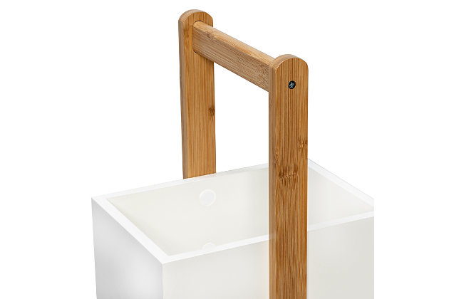 Each basket of this 3-Tier Bathroom Storage Caddy measures 10"L x 8"W x 5"H, acting as individual storage baskets for all your bathroom essentials. From cotton balls to makeup to extra soap or lotion, it keeps your daily accessories right at your fingertips and looks good doing it. Its bamboo base and white shelves fit into any bathroom, no matter the décor.Storage caddy includes 3 baskets to hold all your bathroom essentials | Made of durable mdf and eco-friendly bamboo | Shelf weight capacity is 10-pounds per shelf | Dimensions: 9"l x 10"w x 34"h