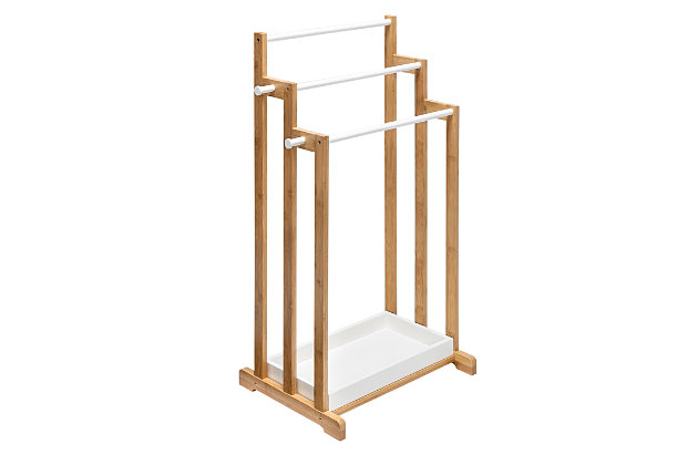 Store your bath towels within reach to avoid adding hooks to your walls and doors. This 3-Tier Bathroom Towel Rack has three hang bars for drying towels or even delicates, and its white and bamboo finish fits in beautifully, no matter your bathroom décor.Towel rack features 3 bars for drying and storing towels, or drying delicates | Reduces clutter and provides compact storage space for towels and bath accessories | Bottom shelf provides additional storage option | Made of durable mdf and eco-friendly bamboo