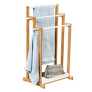 Store your bath towels within reach to avoid adding hooks to your walls and doors. This 3-Tier Bathroom Towel Rack has three hang bars for drying towels or even delicates, and its white and bamboo finish fits in beautifully, no matter your bathroom décor.Towel rack features 3 bars for drying and storing towels, or drying delicates | Reduces clutter and provides compact storage space for towels and bath accessories | Bottom shelf provides additional storage option | Made of durable mdf and eco-friendly bamboo