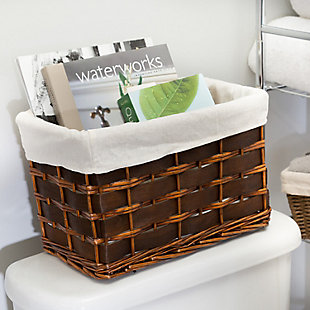 This well-made hamper and bath organization set creates a coordinated, polished look in any bathroom.  Included in the set is a full size hamper with liner, toilet roll holder, wastebasket, and four multi purpose bins. The bins look great in any room and double as decorative baskets.Includes hamper, toilet roll holder, waste basket and 4 multi-purpose baskets | Brings cohesiveness to your bathroom décor | Durable wicker material stands the test of time