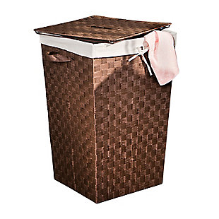 Your dirty laundry has come clean with you—it wants to be where it can look good even when it doesn’t smell good. That’s why you chose this Decorative Woven Hamper with Lid and propped it in the corner of your bedroom so all your garments can admire it from the inside out. Bathed in luxe Java Brown, this stylish hamper exudes a quiet sense of quality and confidence. Use the strap to easily remove its lid and its handles to tour it from room to room. Additionally, the natural linen liner protects your fabrics.Double-woven brown laundry hamper with handles for easy transport | Includes removable lid with handle | Natural linen liner helps to prevent snags on delicate garments