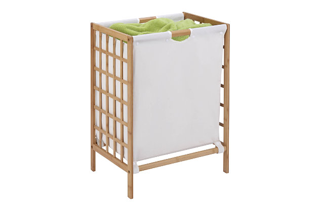 Complete with a bamboo frame and cloth bag, this Knockdown Bamboo Hamper looks as good as it is functional. The liner is machine washable and can easily be removed for cleaning. The square pattern on the bamboo frame adds stability and a contemporary flare. Unit assembles quickly and easily.Washable liner | Natural and sustainable materials | Easy assembly