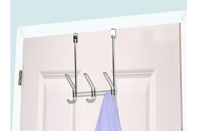 Looking for a non-slip spot to hang your damp towels after your shower? Want to have easy access to tomorrow’s wardrobe without having to dig through your closet? This Over-the-Door Steel Organizing Rack can handle it all! With a convenient 3 dual hook system, it requires no drilling or tools to install! Simply slip it over an interior door up to 1.75 inches thick for instant storage. The classic design also matches perfectly with contemporary interiors, so you don’t have to worry about it clashing with your décor.3 hooks span vertically across with additional knobs situated above for even more storage | Soft sculpted hooks are designed to gently grasp your clothing without snagging | Great for any room in the house | Made of durable, chrome plated steel