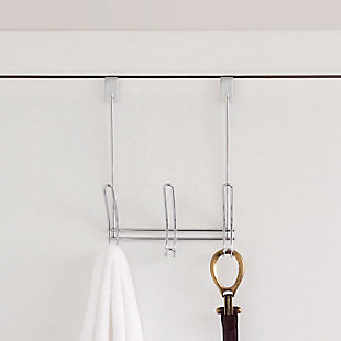 Looking for a non-slip spot to hang your damp towels after your shower? Want to have easy access to tomorrow’s wardrobe without having to dig through your closet? This Over-the-Door Steel Organizing Rack can handle it all! With a convenient 3 dual hook system, it requires no drilling or tools to install! Simply slip it over an interior door up to 1.75 inches thick for instant storage. The classic design also matches perfectly with contemporary interiors, so you don’t have to worry about it clashing with your décor.3 hooks span vertically across with additional knobs situated above for even more storage | Soft sculpted hooks are designed to gently grasp your clothing without snagging | Great for any room in the house | Made of durable, chrome plated steel