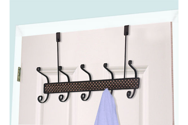 Pair your ensemble with a touch of modern elegance by using this Bronze Over-the-Door Hanging Rack, featuring a unique woven design. Made of durable steel, it features 5 curved hooks atop a rich, woven frame to beautifully display your snazzy collection of hats, scarves, coats, shirts or conveniently store your pup's leash. The 5 hook hanging rack easily fits most interior doors thanks to its sturdy metal bracket and with a ravishing bronze finish, it easily coordinates with a variety of decor.Made of bronze-coated steel | Attaches to an interior door to create instant storage space in your bedroom or bathroom | Easy to assemble with no mounting hardware required | 0