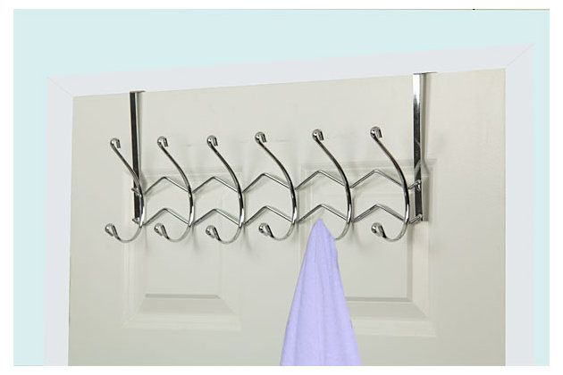 Hang and store towels, coats, clothing, and other house hold items with this contemporary styled hanging rack. This rack features 6 curved hooks atop a chevron designed frame that spruces up any interior space with its bold modern look. Perfect for storing leashes, coats, belts/accessories, towels and more. Conveniently hangs on most interior doors with its sturdy metal bracket made from heavy duty chrome.Made of chrome-plated steel | Attaches to an interior door to create instant storage space in your bedroom or bathroom | Easy to assemble with no mounting hardware required | 0